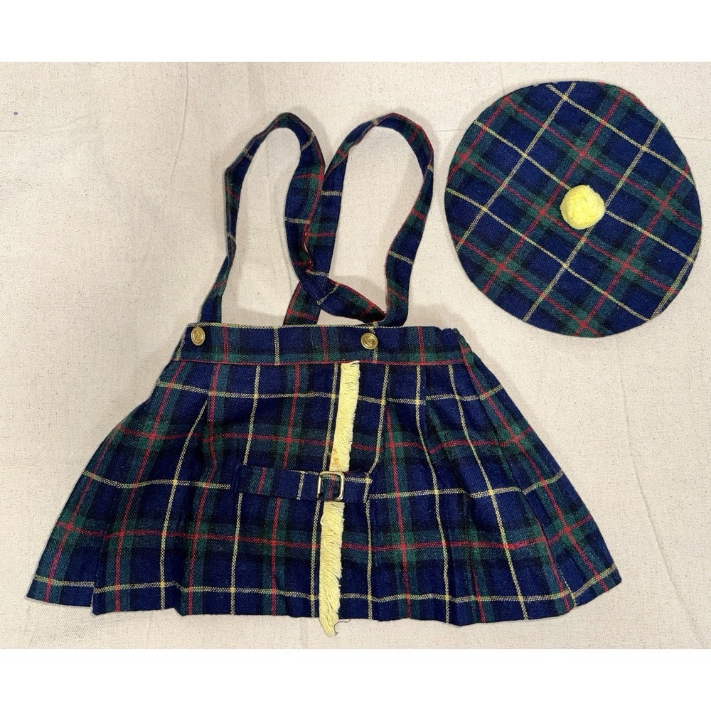 Vintage USA Good Lad Overall Dress Girl's 3T Plaid Classic School Jumper Hat SET